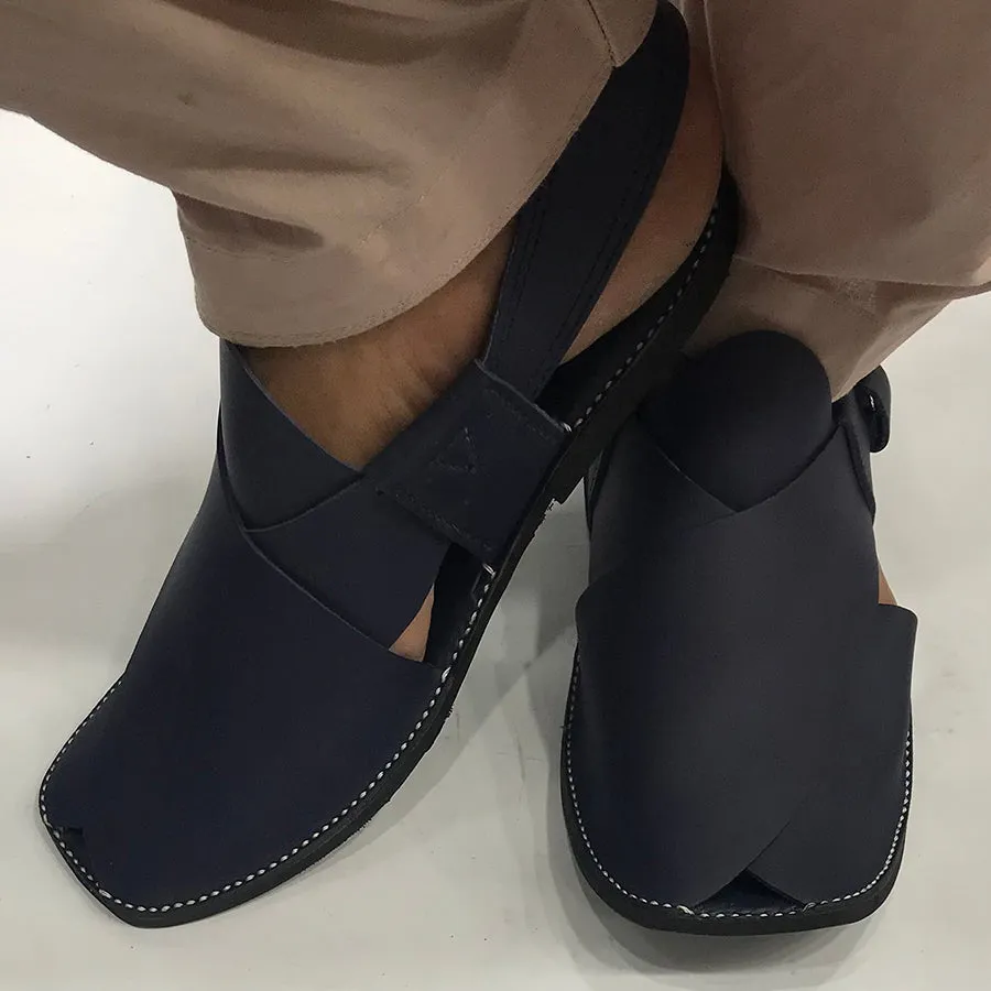 Handmade Men's Blue Leather Peshawari Chappal