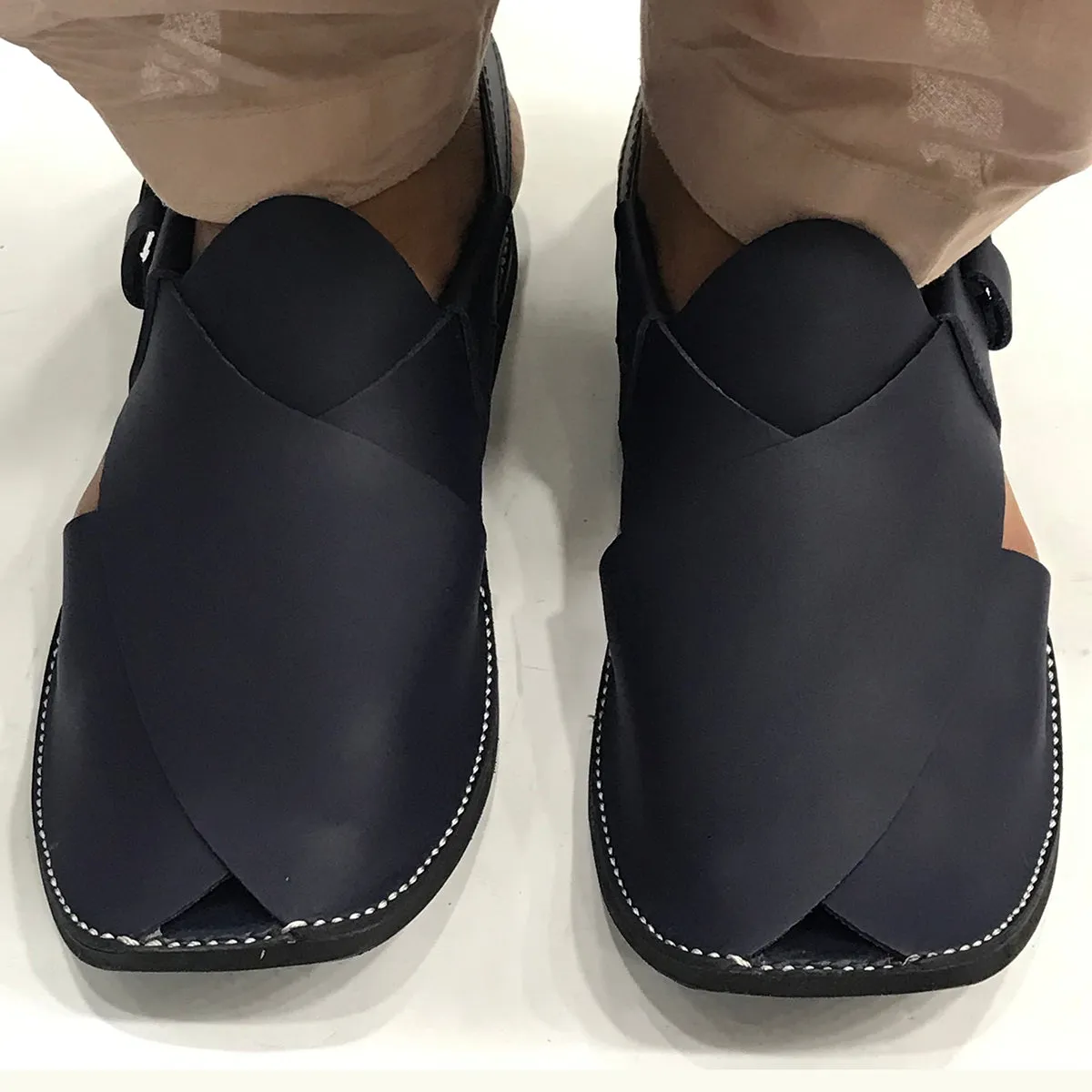 Handmade Men's Blue Leather Peshawari Chappal