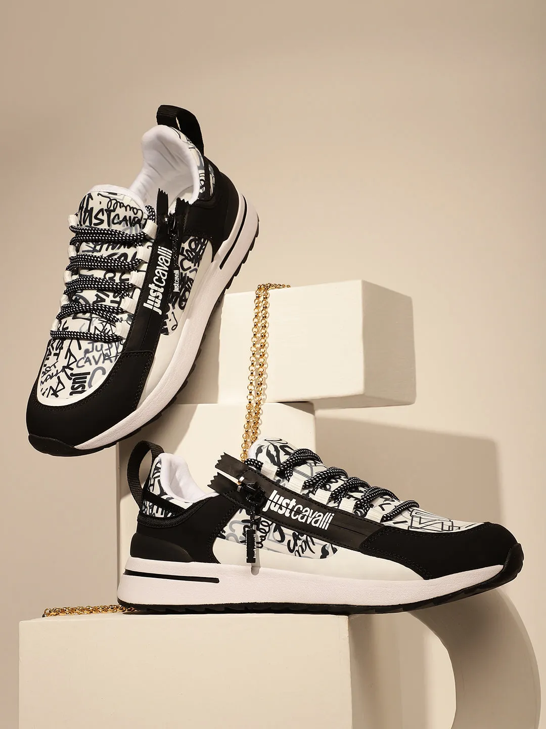 Just Cavalli Men Black & White Sneakers