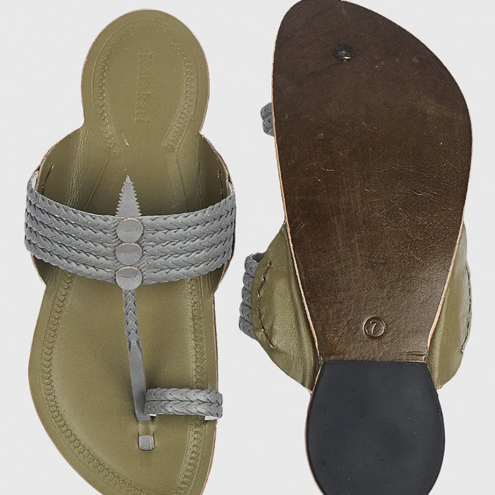 Lime Green And Grey Handstitched Leather Kolhapuri Men Slipper