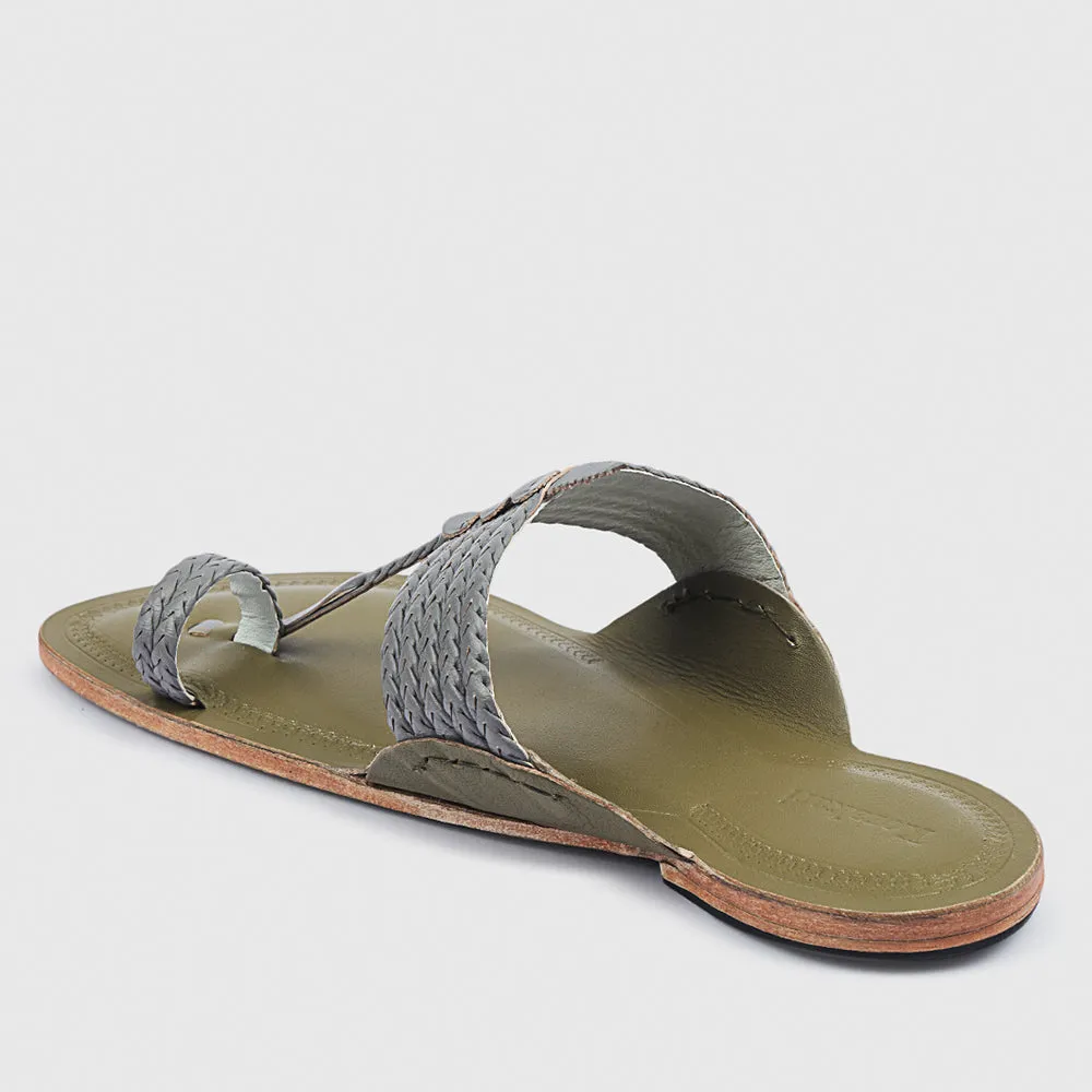 Lime Green And Grey Handstitched Leather Kolhapuri Men Slipper