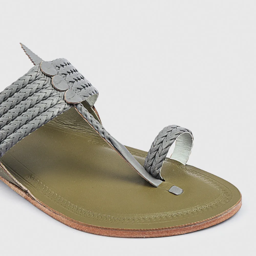 Lime Green And Grey Handstitched Leather Kolhapuri Men Slipper