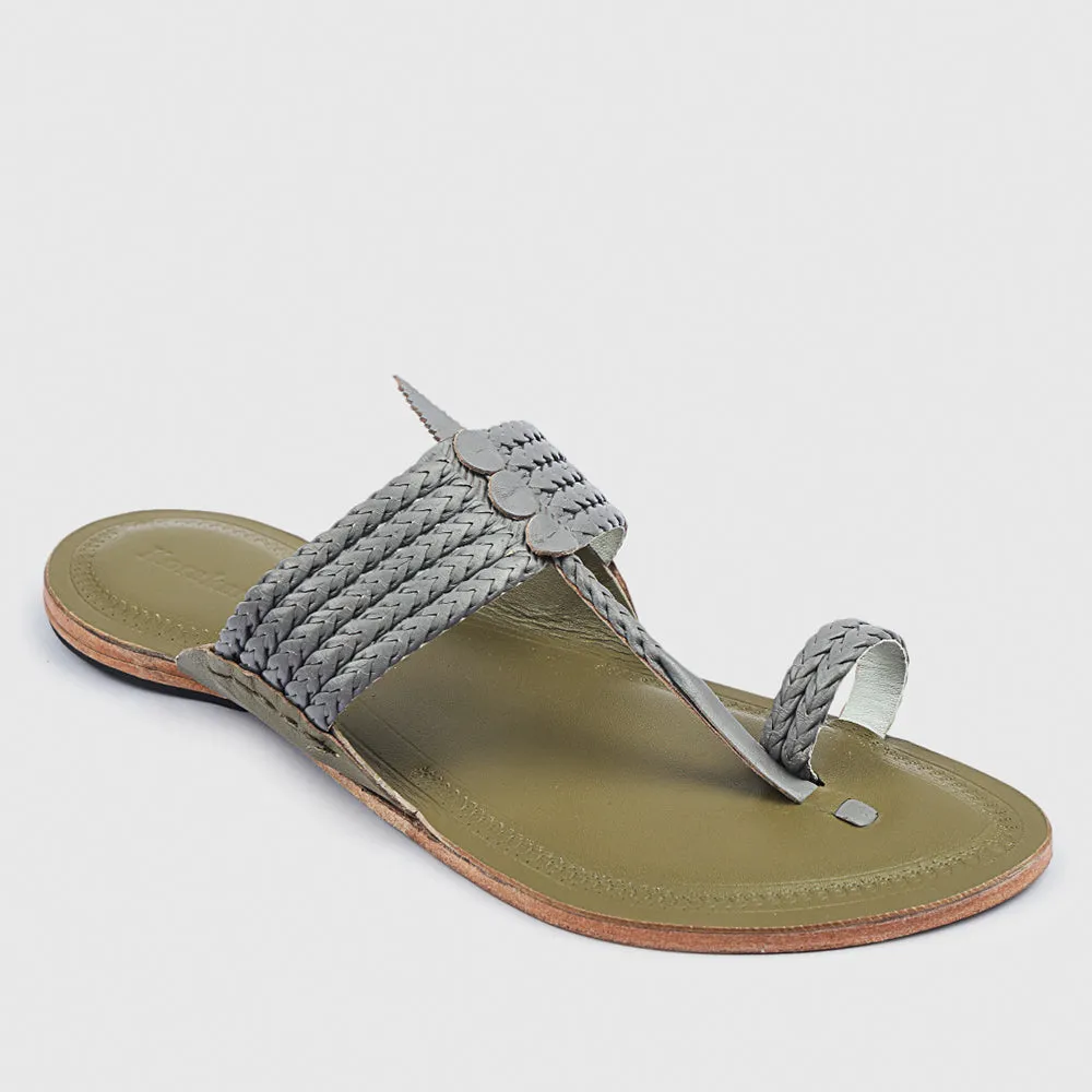 Lime Green And Grey Handstitched Leather Kolhapuri Men Slipper