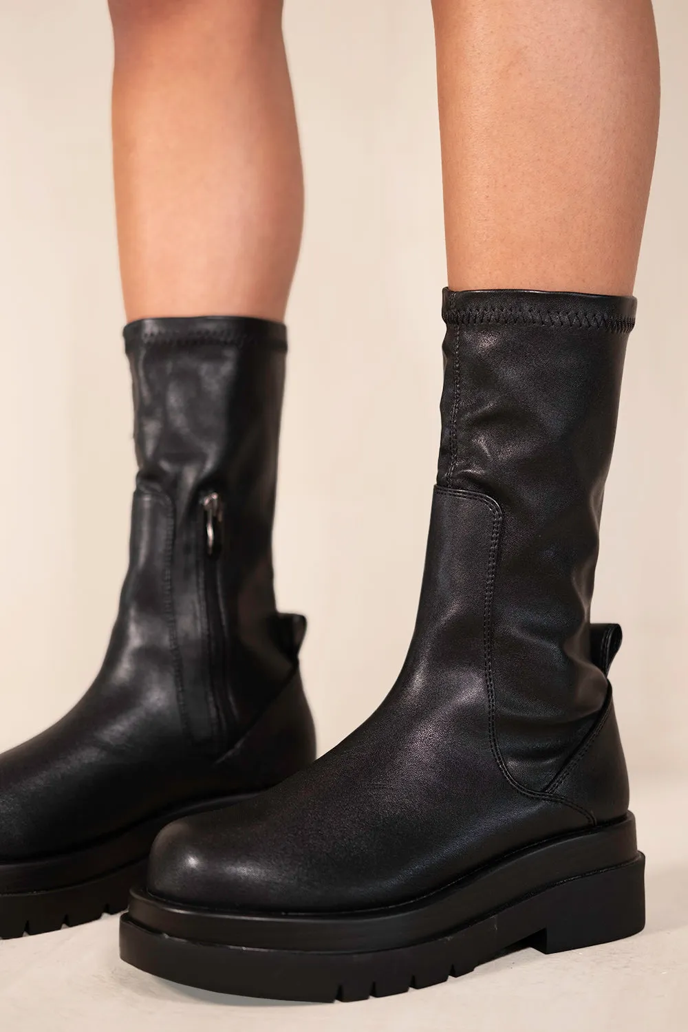 LYRA CHUNKY SOLE ANKLE BOOTS WITH SIDE ZIP IN BLACK FAUX LEATHER