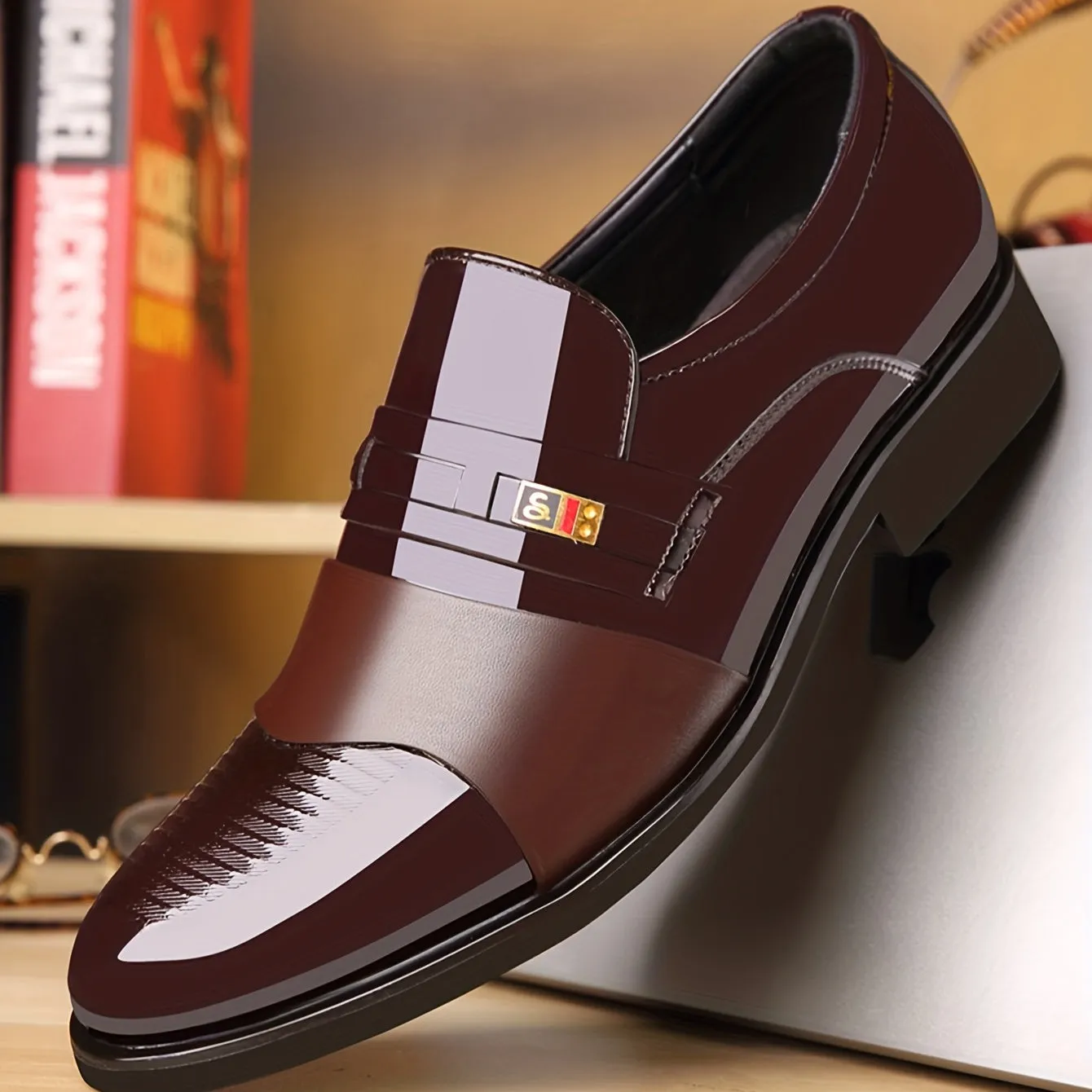 Mens Round Toe Slip-On Shoes - Wear-Resistant Non-Slip Rubber Soles, PU Upper, Comfortable PU Insole, Solid Color Design - Perfect for Business, Fathers Day Gifts, Casual Wear in England for Fall, Spring, Summer, Winter