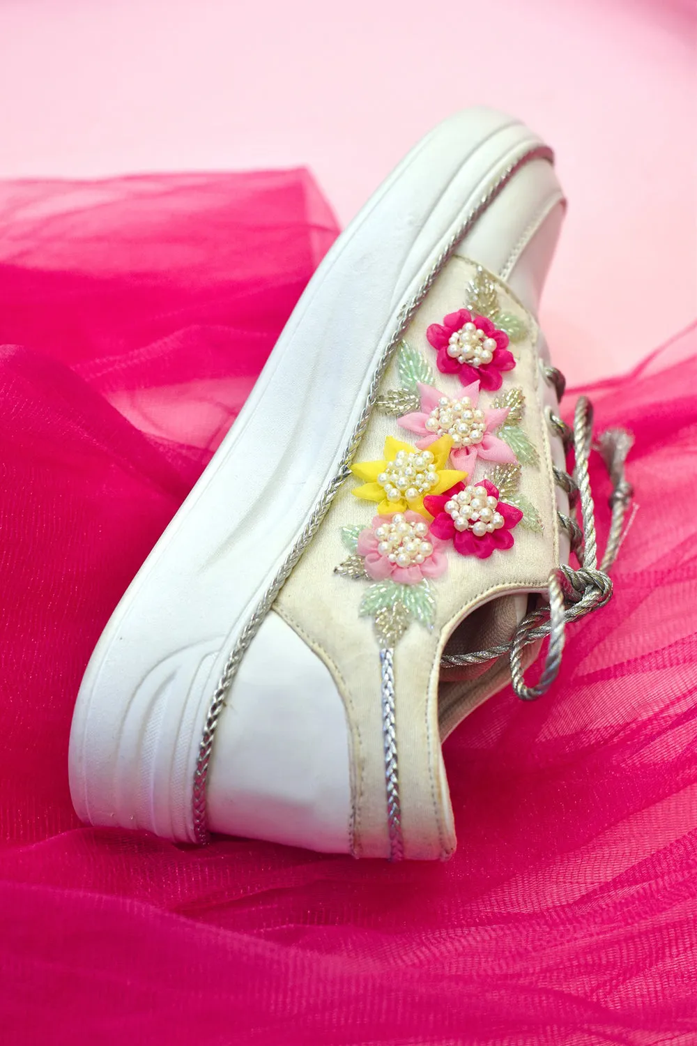 Multi-Colored Poly Silk & Rexine Embroidered Sneakers