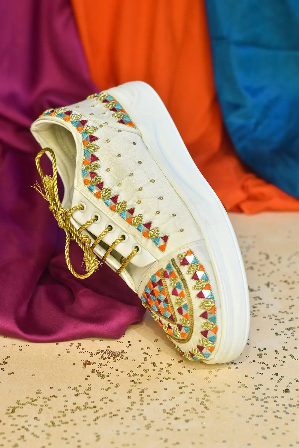 Multi-Colored Poly Silk & Rexine Hand Embroidered Sneakers