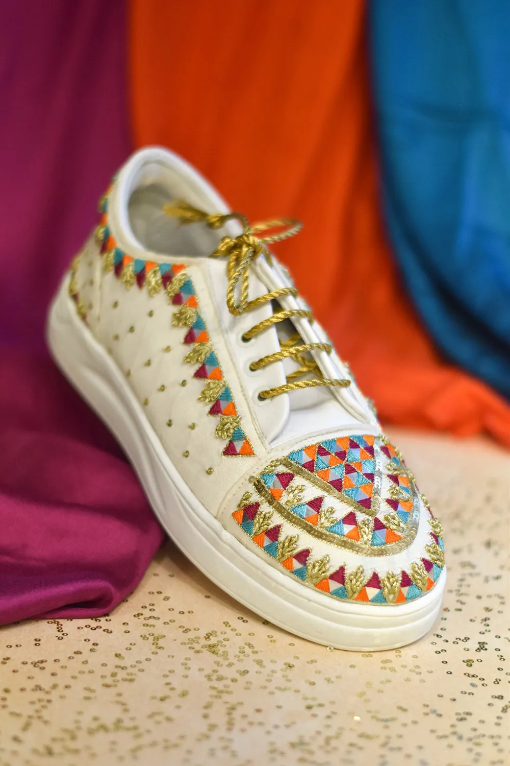 Multi-Colored Poly Silk & Rexine Hand Embroidered Sneakers