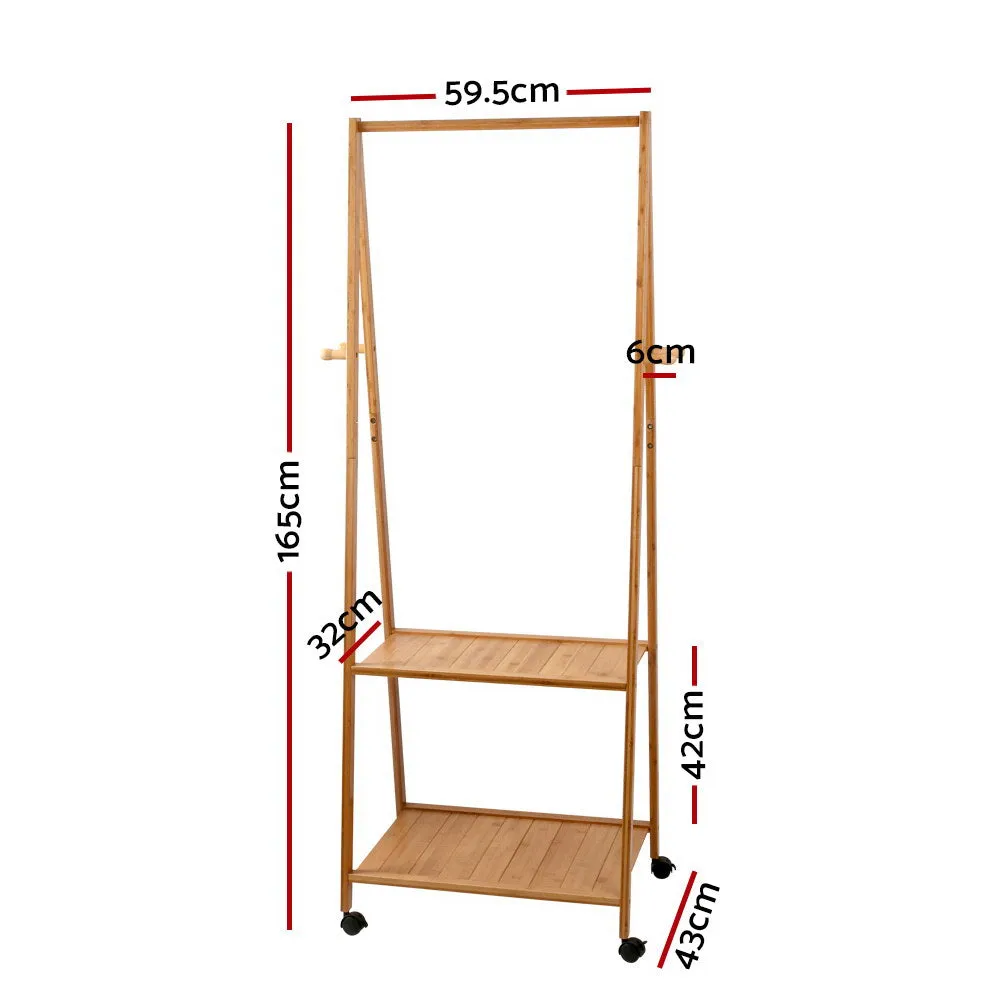 Natural Bamboo Clothes Rack with Wheels and Hooks - Artiss