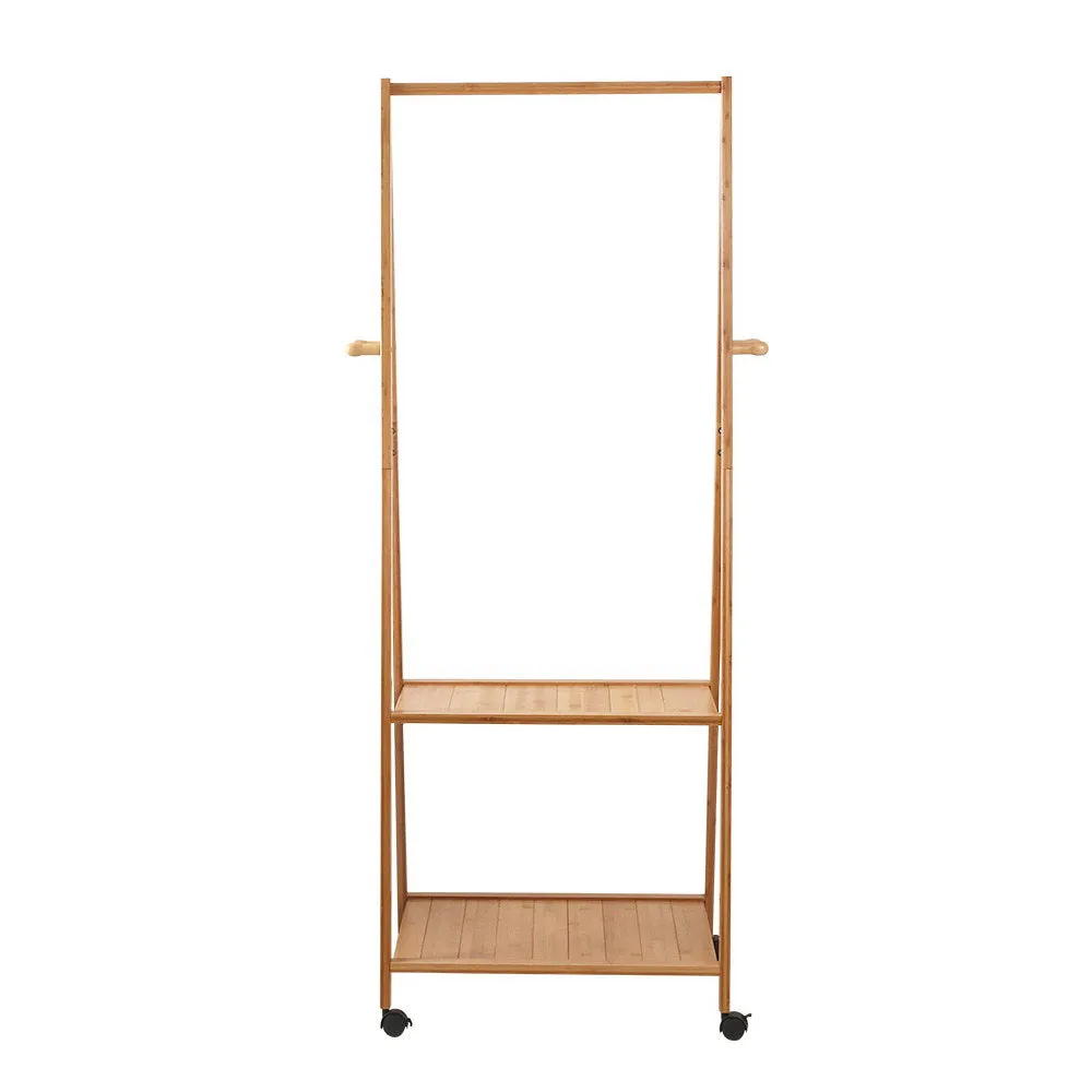 Natural Bamboo Clothes Rack with Wheels and Hooks - Artiss