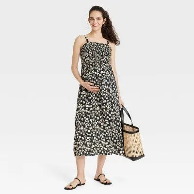 New - Sleeveless Smocked Midi Maternity Dress - Isabel Maternity by Ingrid & Isabel Black Floral S