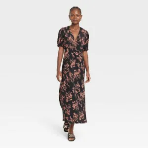 New - Women's Crepe Short Sleeve Midi Dress - A New Day Black/Brown Floral S