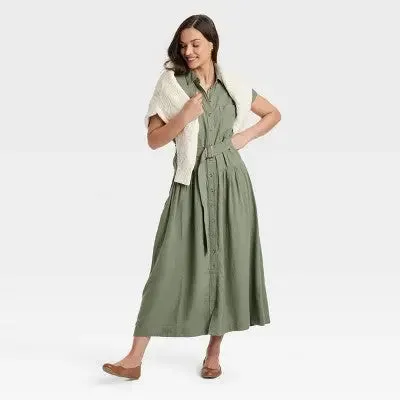 New - Women's Short Sleeve Belted Midi Shirtdress - Universal Thread Olive Green L