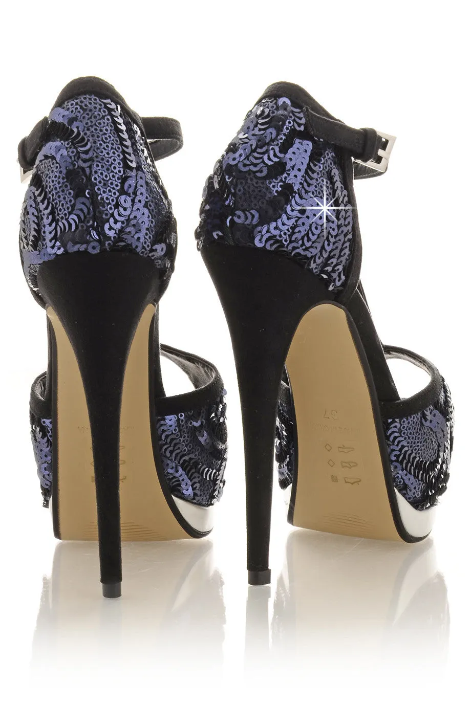 PHYLLIS Dark Blue Sequin Heeled Sandals