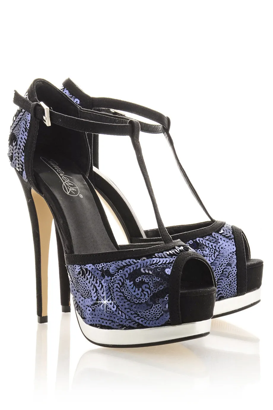 PHYLLIS Dark Blue Sequin Heeled Sandals