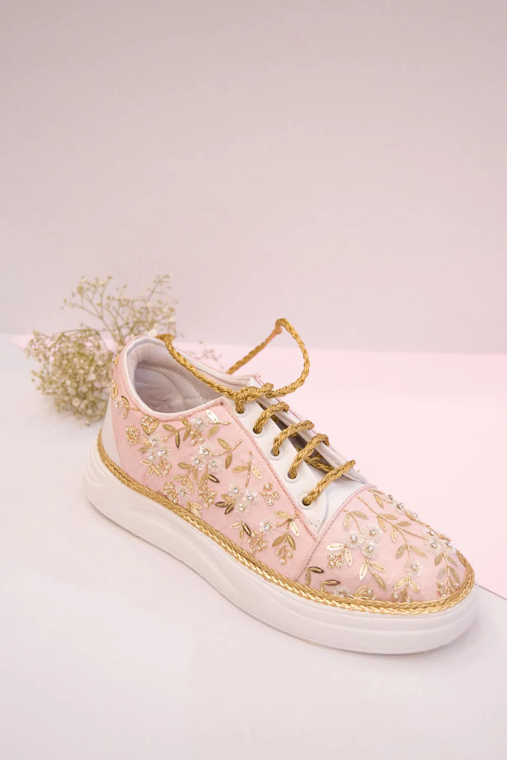 Pink Poly Silk & Rexine Embroidered Sneakers