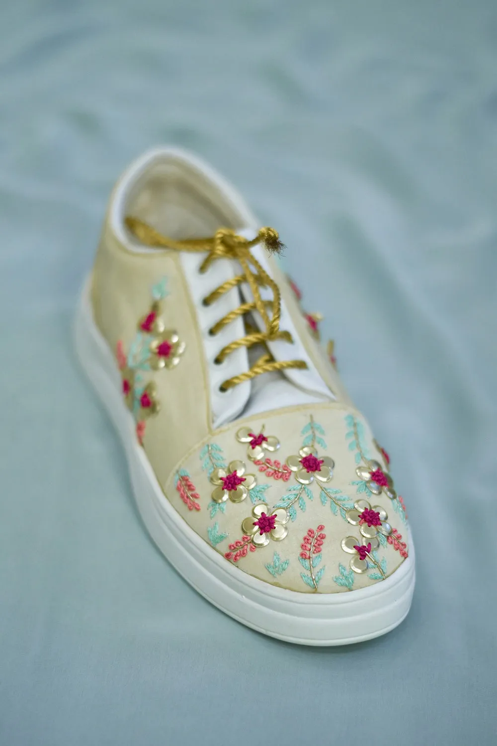 Poly Silk & Rexine Embroidered Gold Sneakers