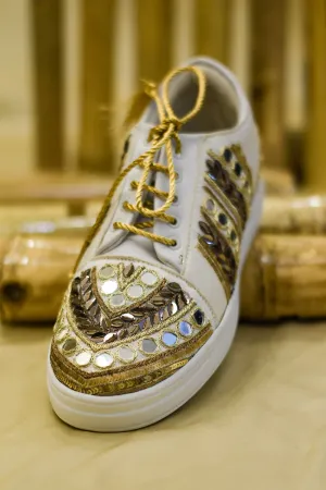 Poly Silk & Rexine Hand Embroidered Gold Sneakers