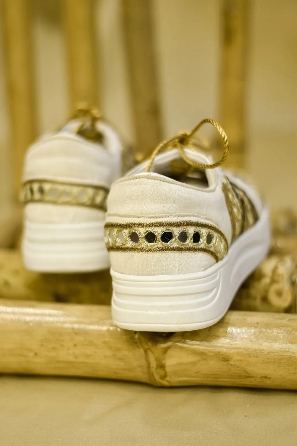 Poly Silk & Rexine Hand Embroidered Gold Sneakers