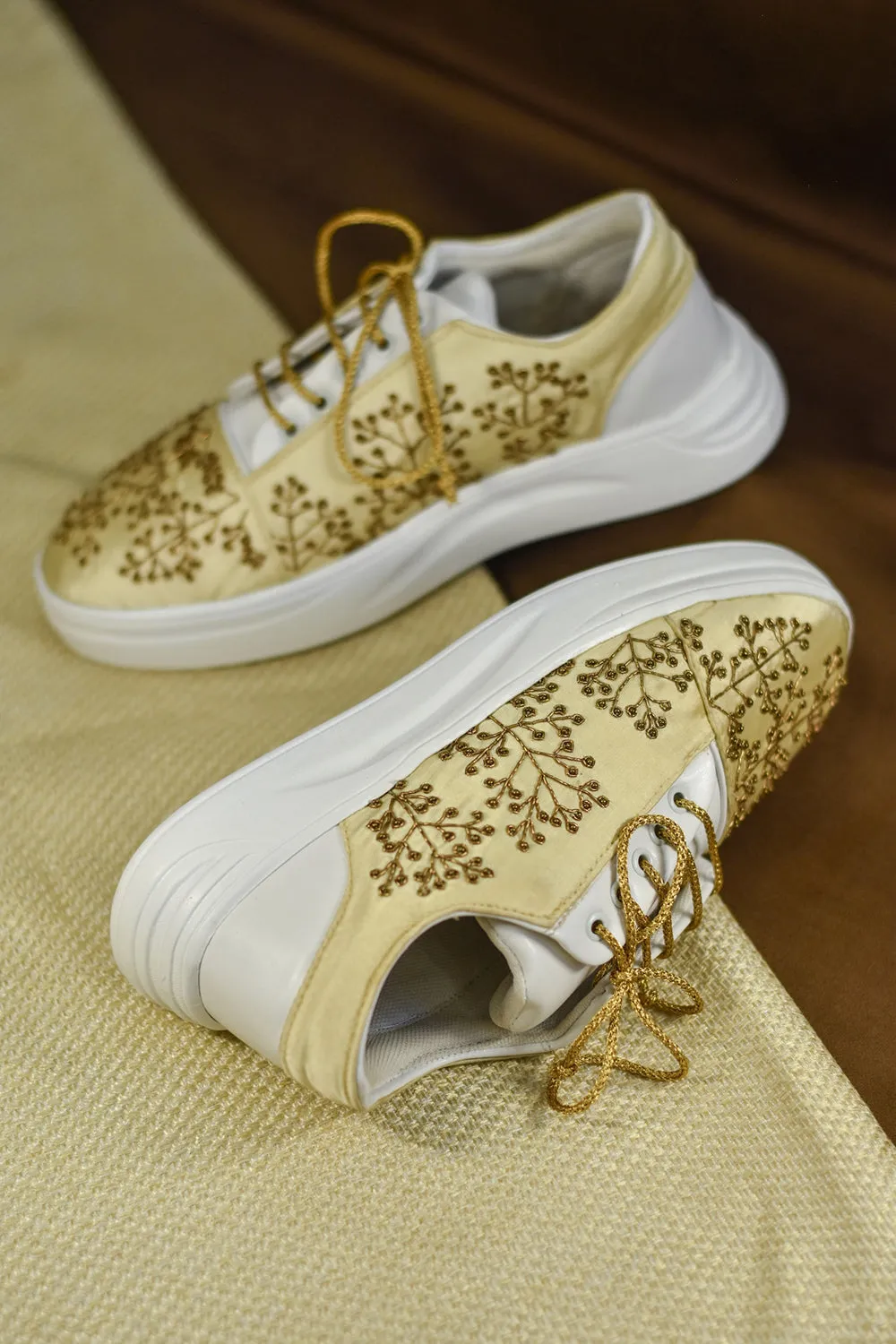 Poly Silk Embroidered Gold Sneakers