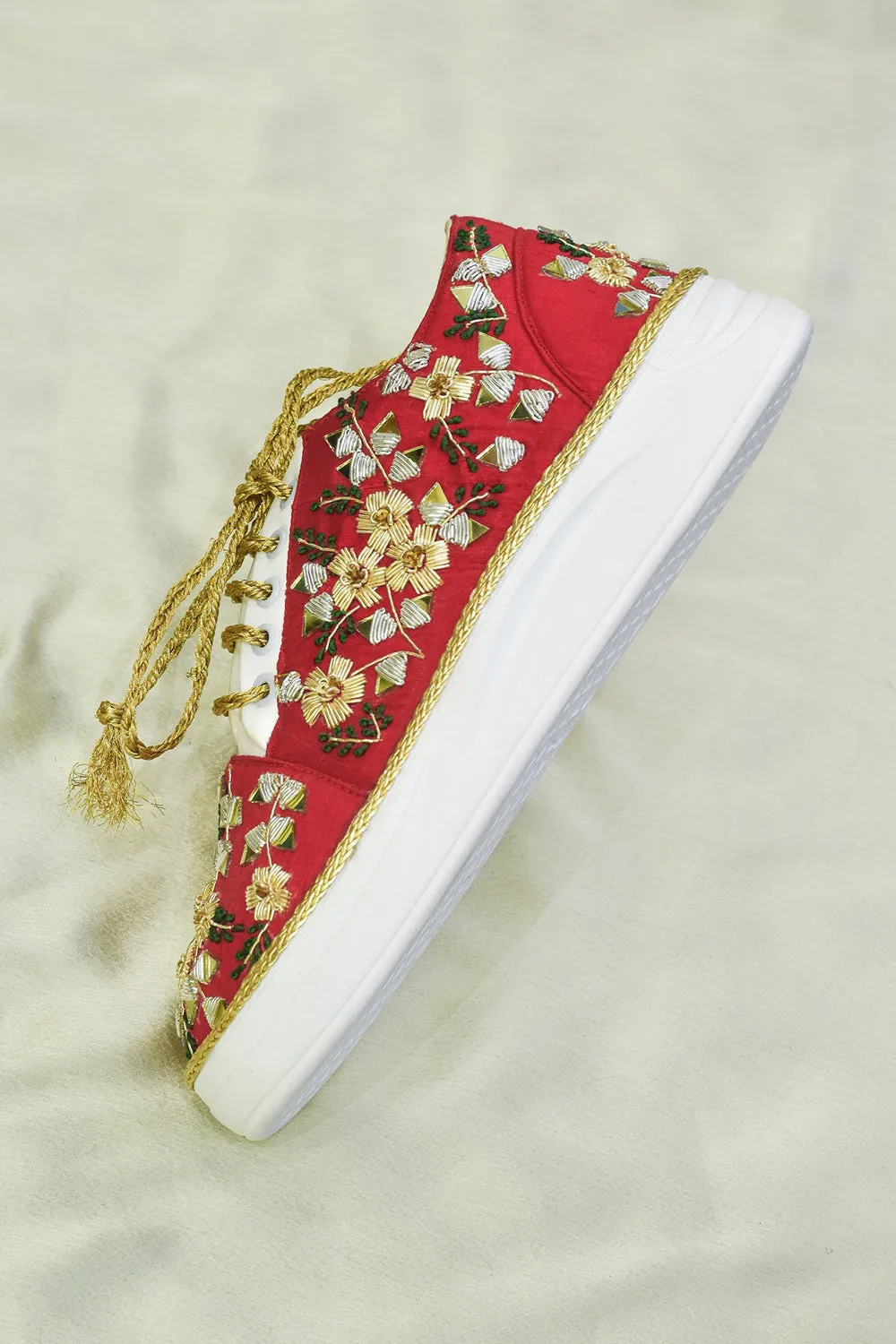 Poly Silk Embroidered Red Sneakers