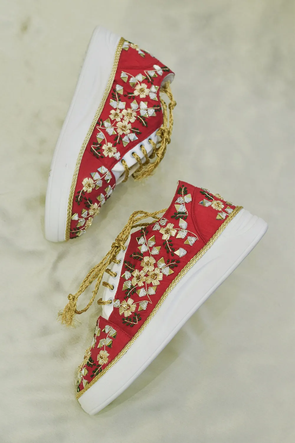 Poly Silk Embroidered Red Sneakers