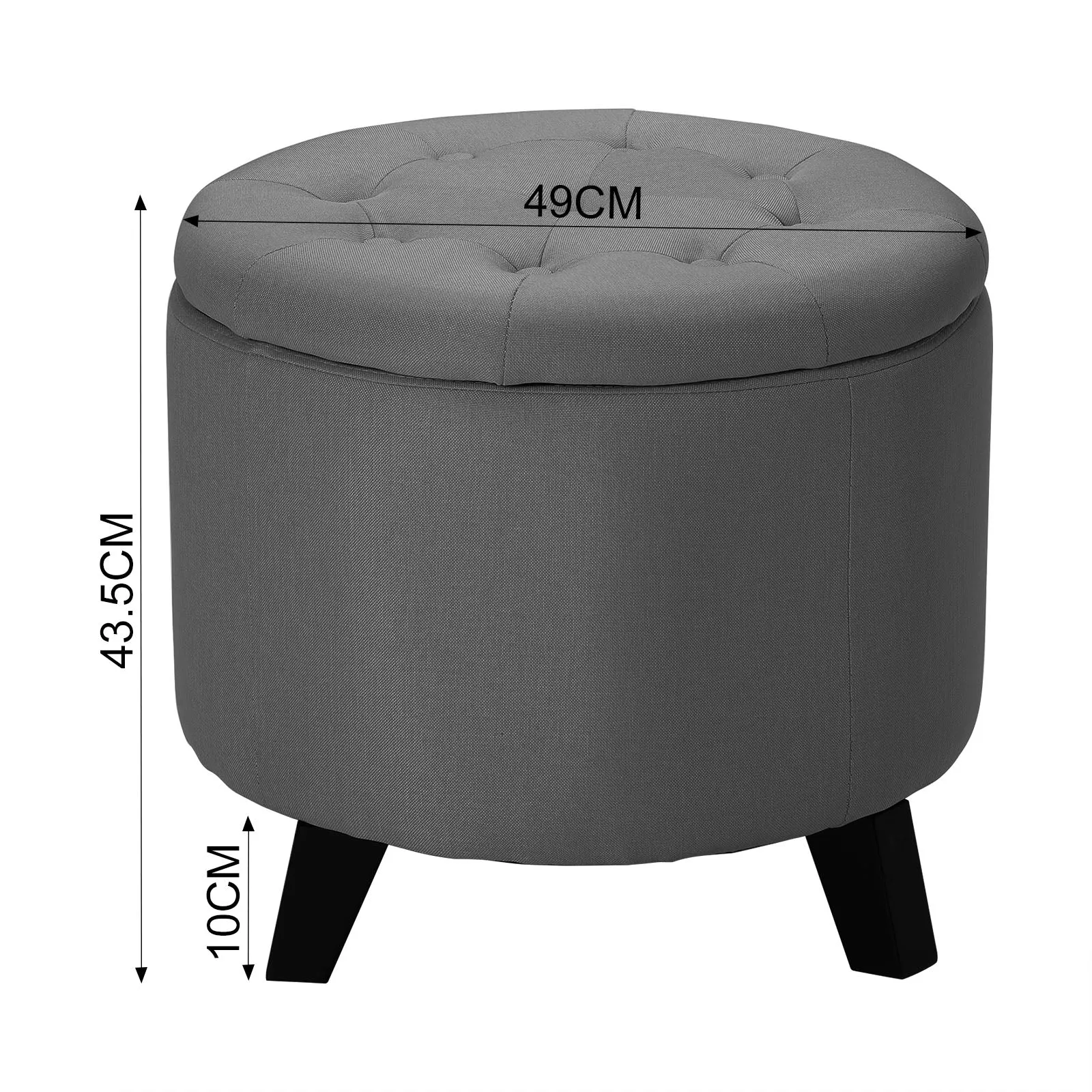 Round Grey Ottoman Storage Box Living Room Button-Tufted Footstool