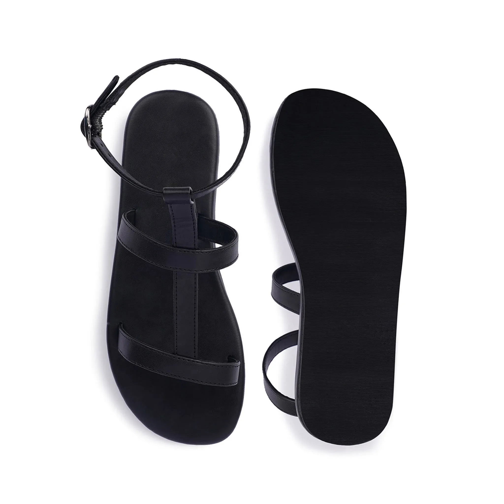 Saba T-Strap Vegan Leather Black Sandals Women