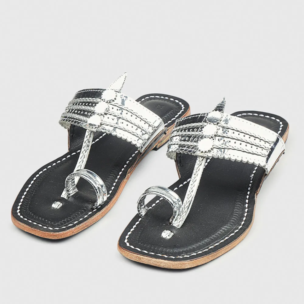 Silver & Black Handstitched Leather Kolhapuri Women Slipper