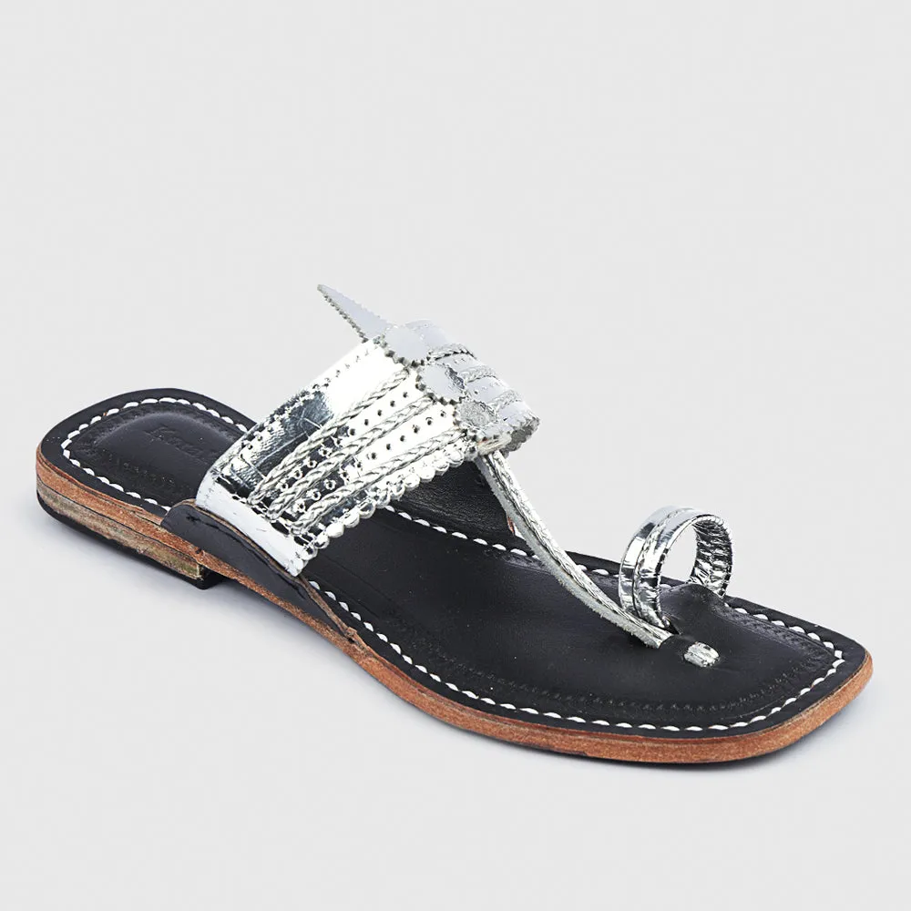 Silver & Black Handstitched Leather Kolhapuri Women Slipper