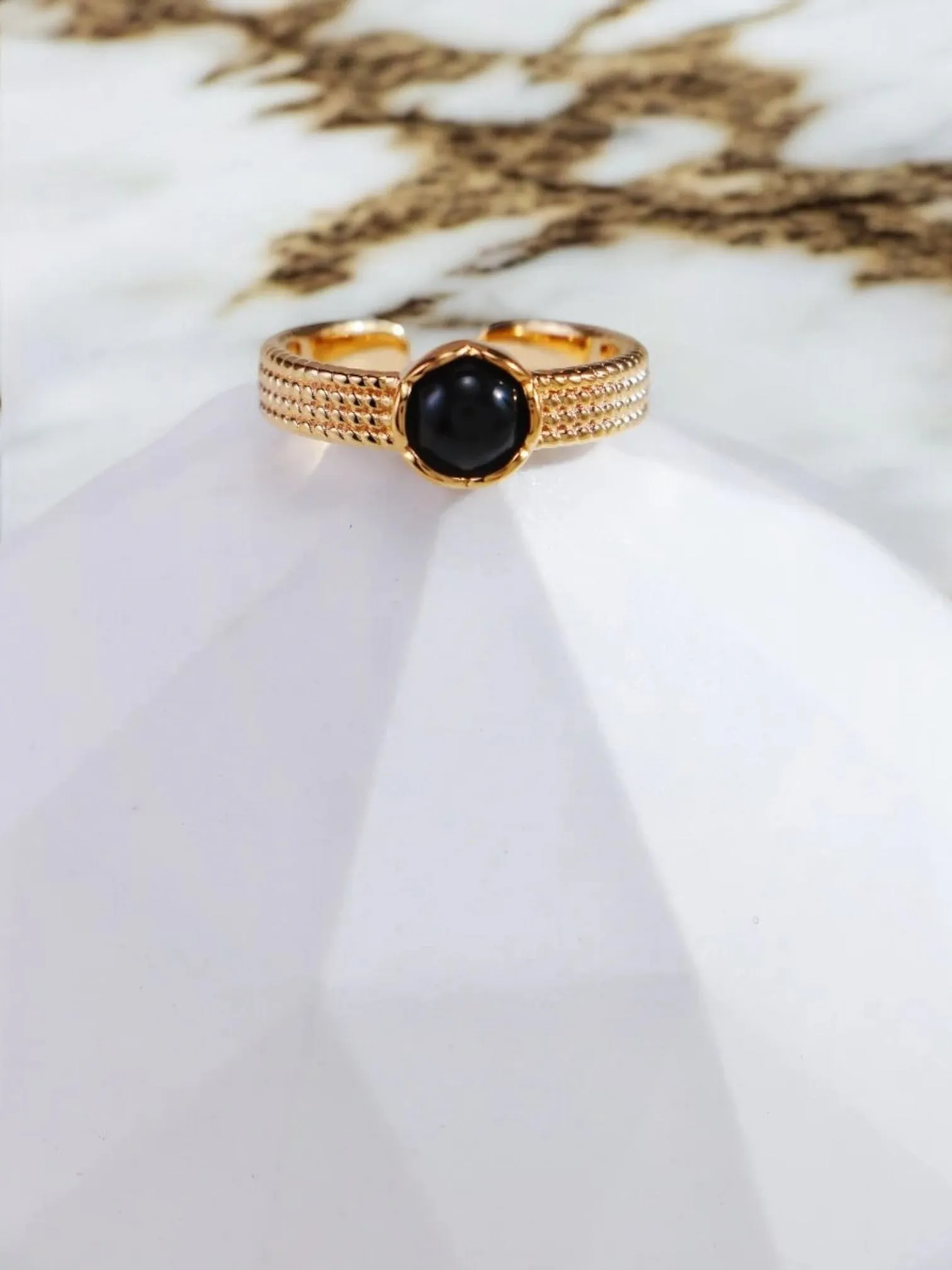 Tigrella - Natural Black Onyx / Tiger Eye Stone Open Ring