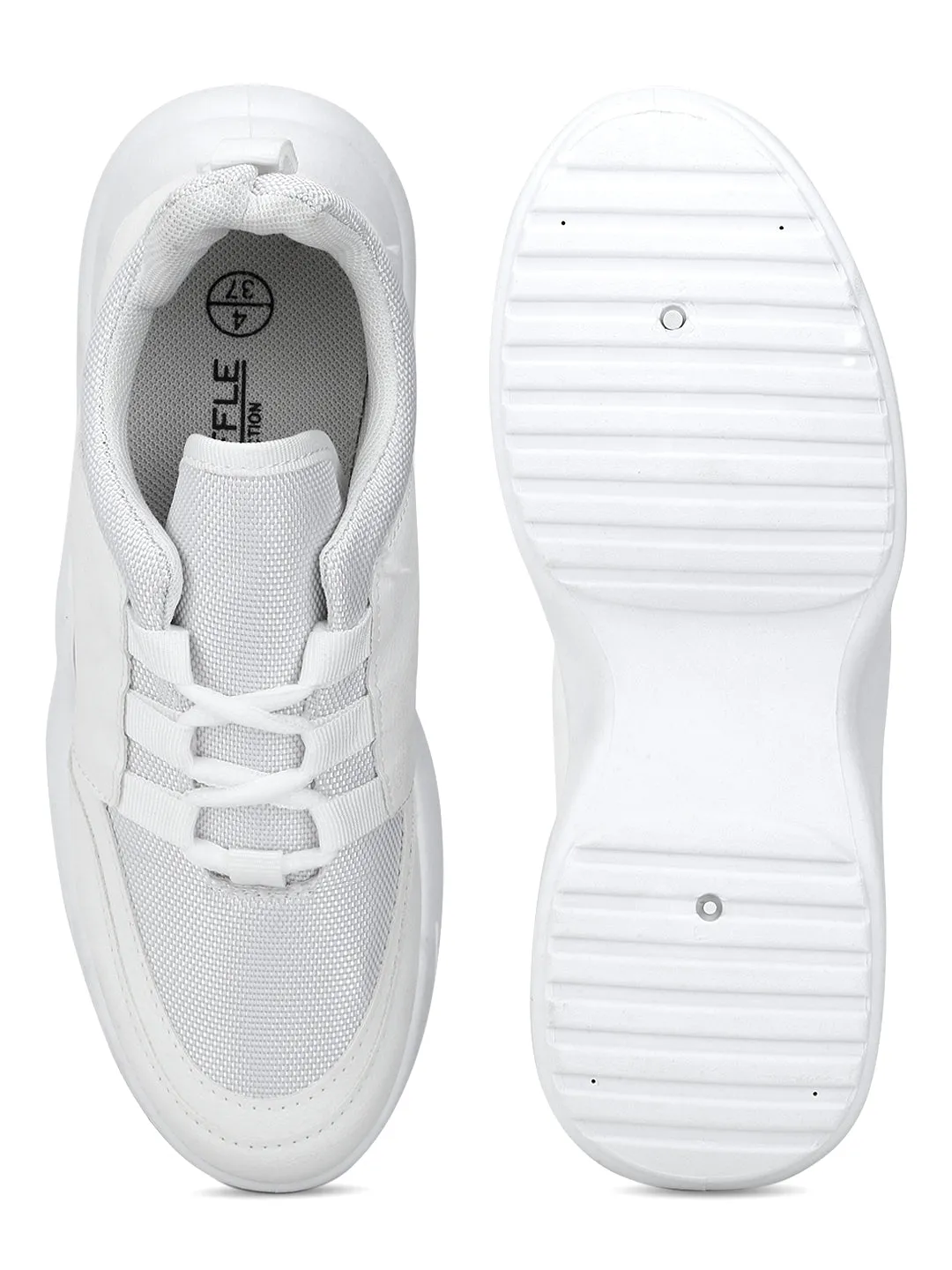 Total White PU Cleated Bottom Lace-Up Sneakers