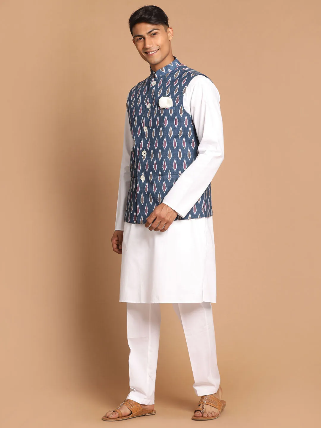 VASTRAMAY Grey Nehru Jacket with White Pant