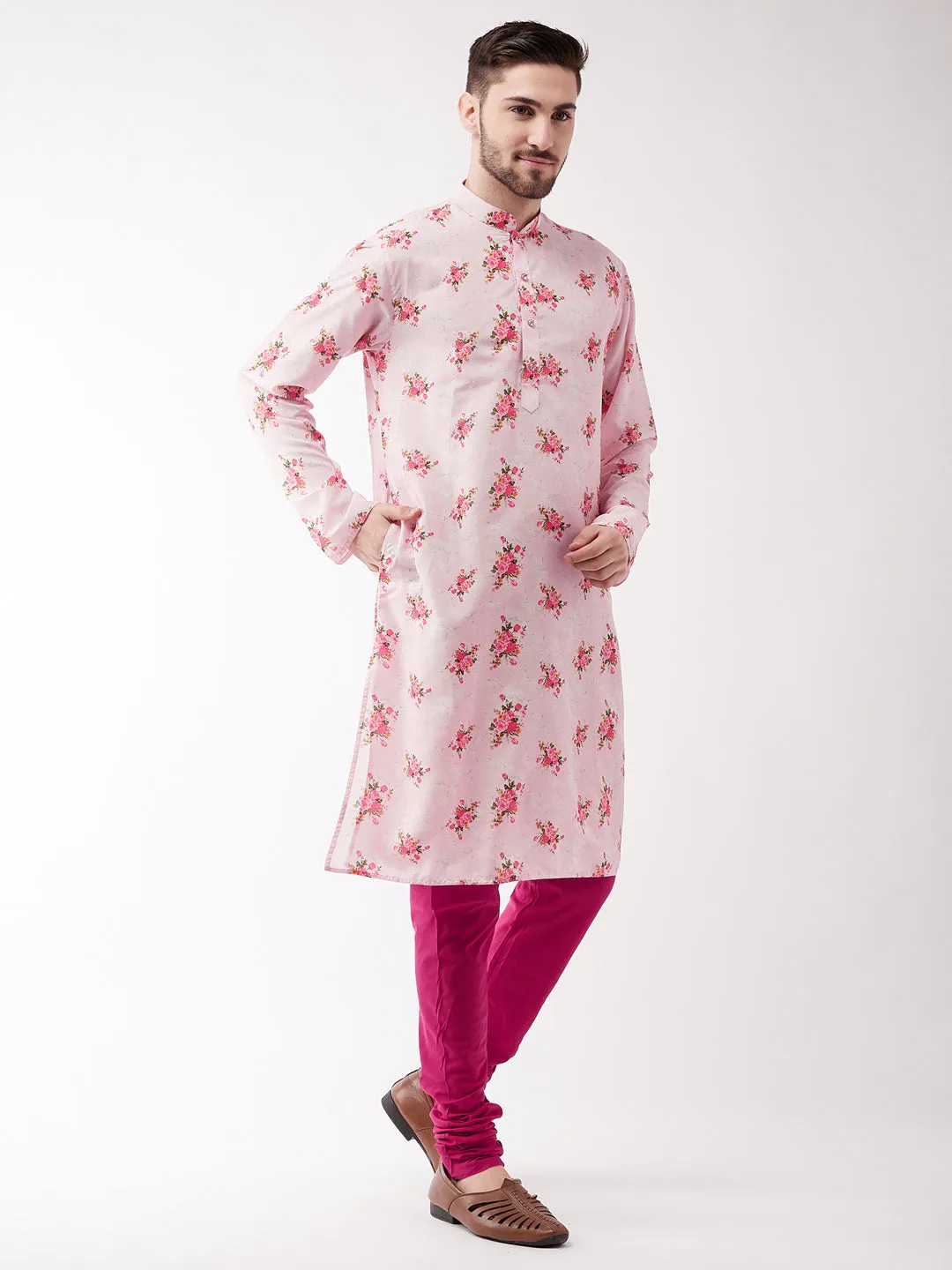 VASTRAMAY Pink Floral Kurta Pyjama Set