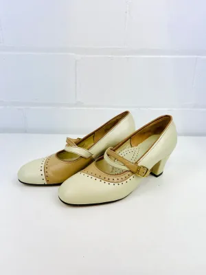 Vintage Deadstock Shoes, Women's 1980s Beige Leather Mid-Heel Pump's, NOS, 7985