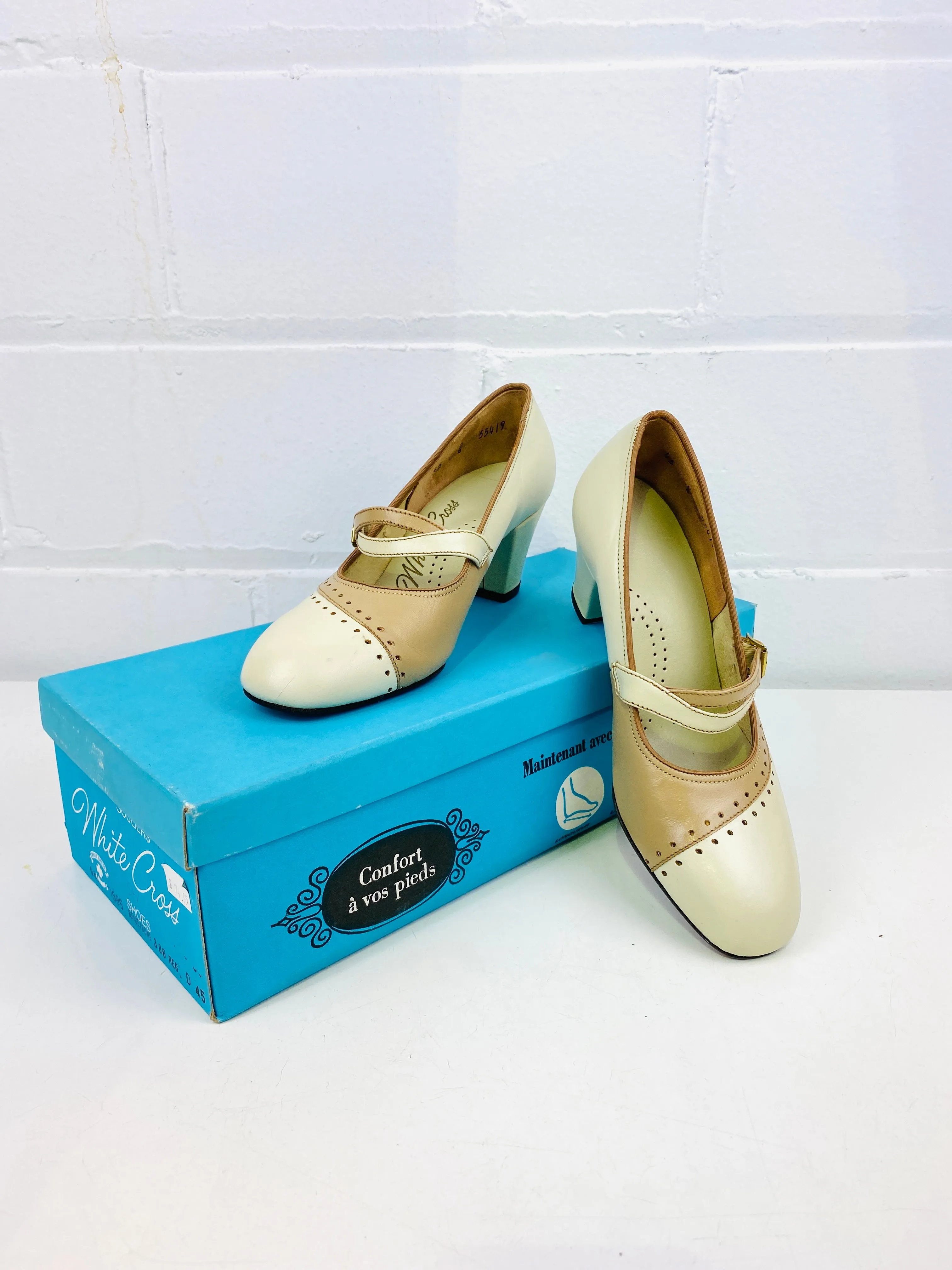 Vintage Deadstock Shoes, Women's 1980s Beige Leather Mid-Heel Pump's, NOS, 7985