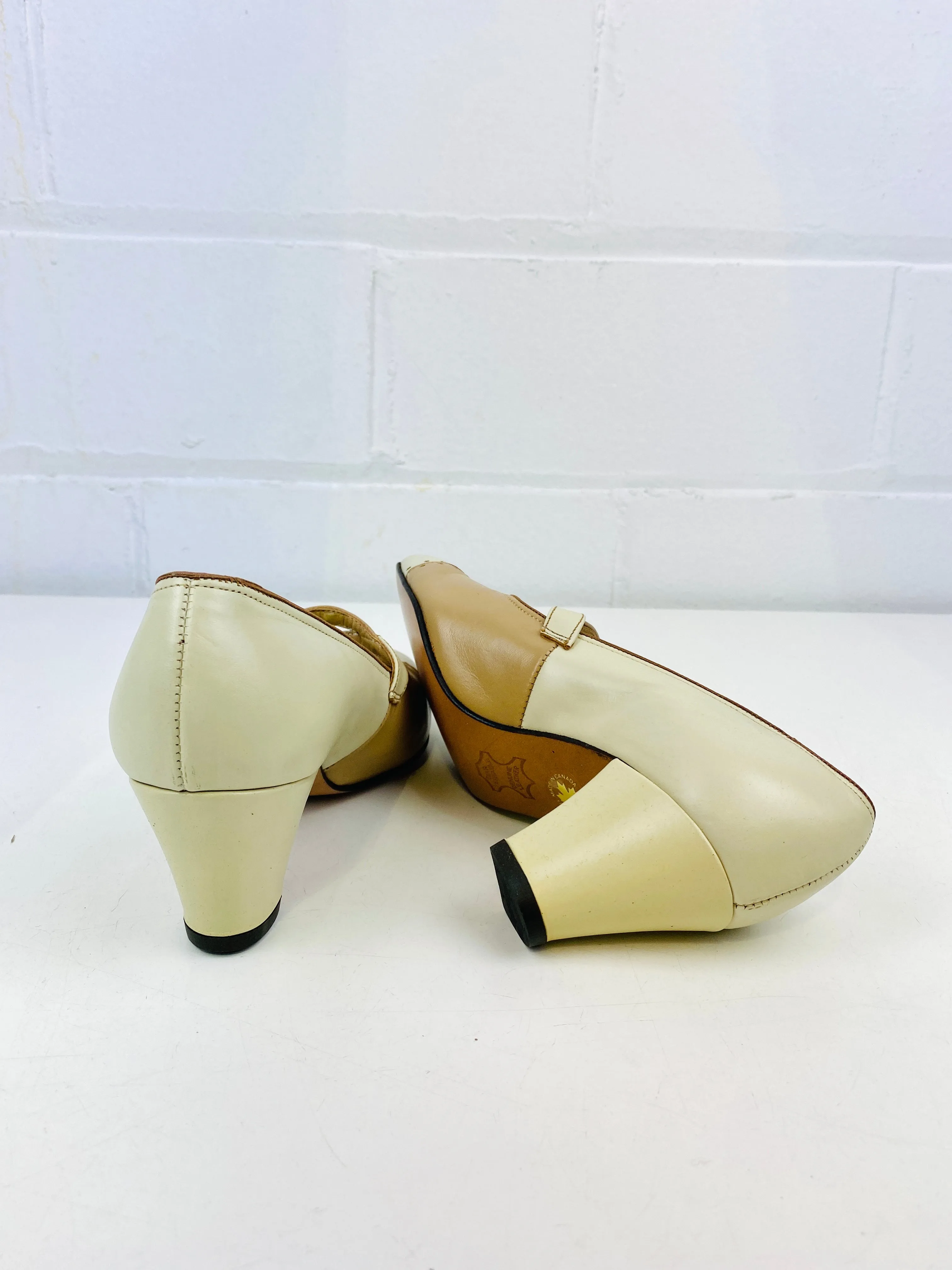 Vintage Deadstock Shoes, Women's 1980s Beige Leather Mid-Heel Pump's, NOS, 7985