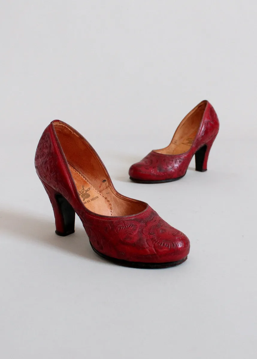 Vintage Early 1950s Mexican Red Tooled Leather Shoes