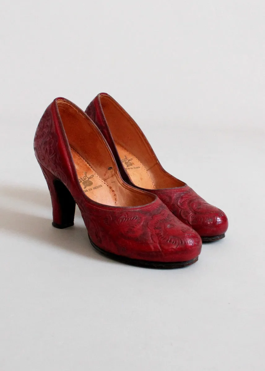 Vintage Early 1950s Mexican Red Tooled Leather Shoes