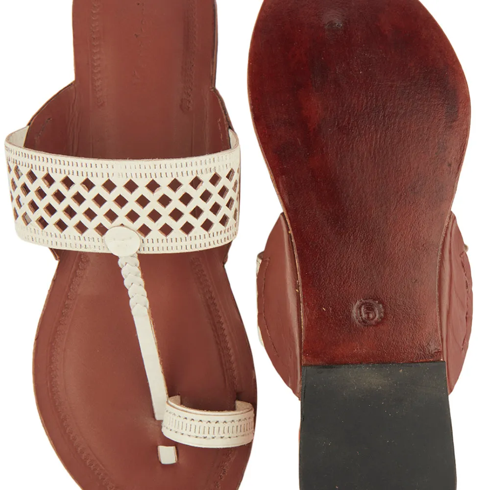 White & Red Brown Handstitched Leather Kolhapuri Women Slipper