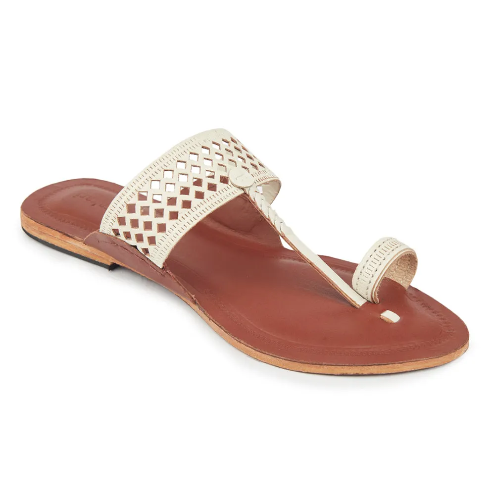 White & Red Brown Handstitched Leather Kolhapuri Women Slipper