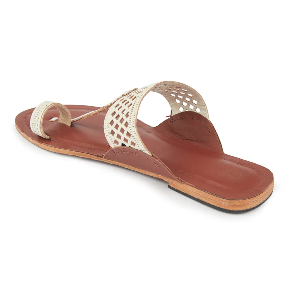 White & Red Brown Handstitched Leather Kolhapuri Women Slipper