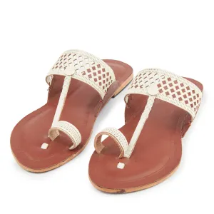 White & Red Brown Handstitched Leather Kolhapuri Women Slipper