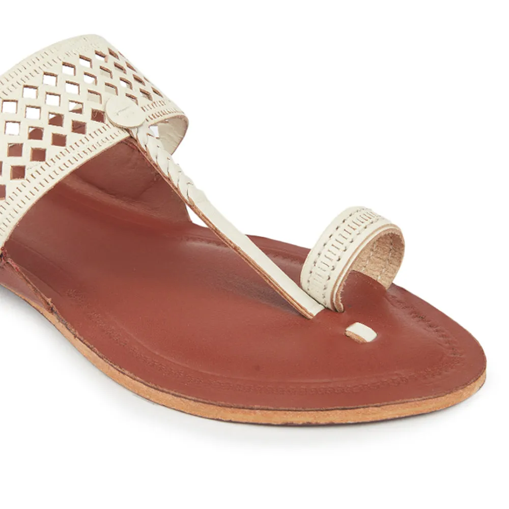 White & Red Brown Handstitched Leather Kolhapuri Women Slipper