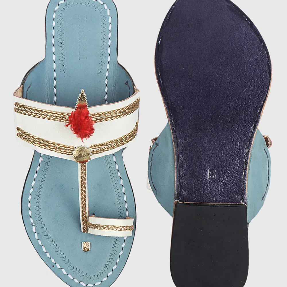 White & Sky Blue Handstitched Leather Kolhapuri Women Slipper