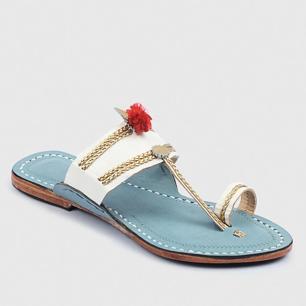 White & Sky Blue Handstitched Leather Kolhapuri Women Slipper