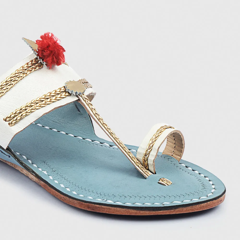 White & Sky Blue Handstitched Leather Kolhapuri Women Slipper