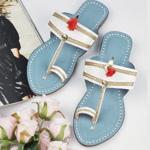 White & Sky Blue Handstitched Leather Kolhapuri Women Slipper