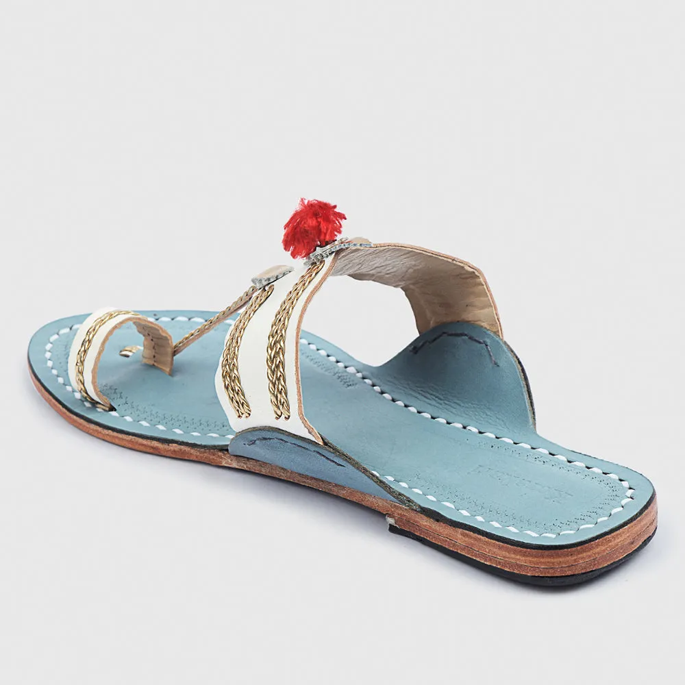 White & Sky Blue Handstitched Leather Kolhapuri Women Slipper