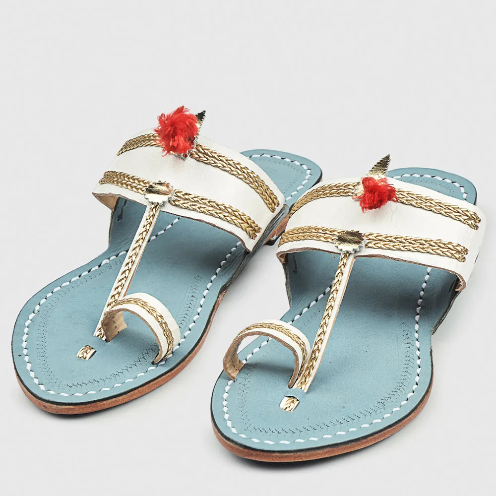 White & Sky Blue Handstitched Leather Kolhapuri Women Slipper